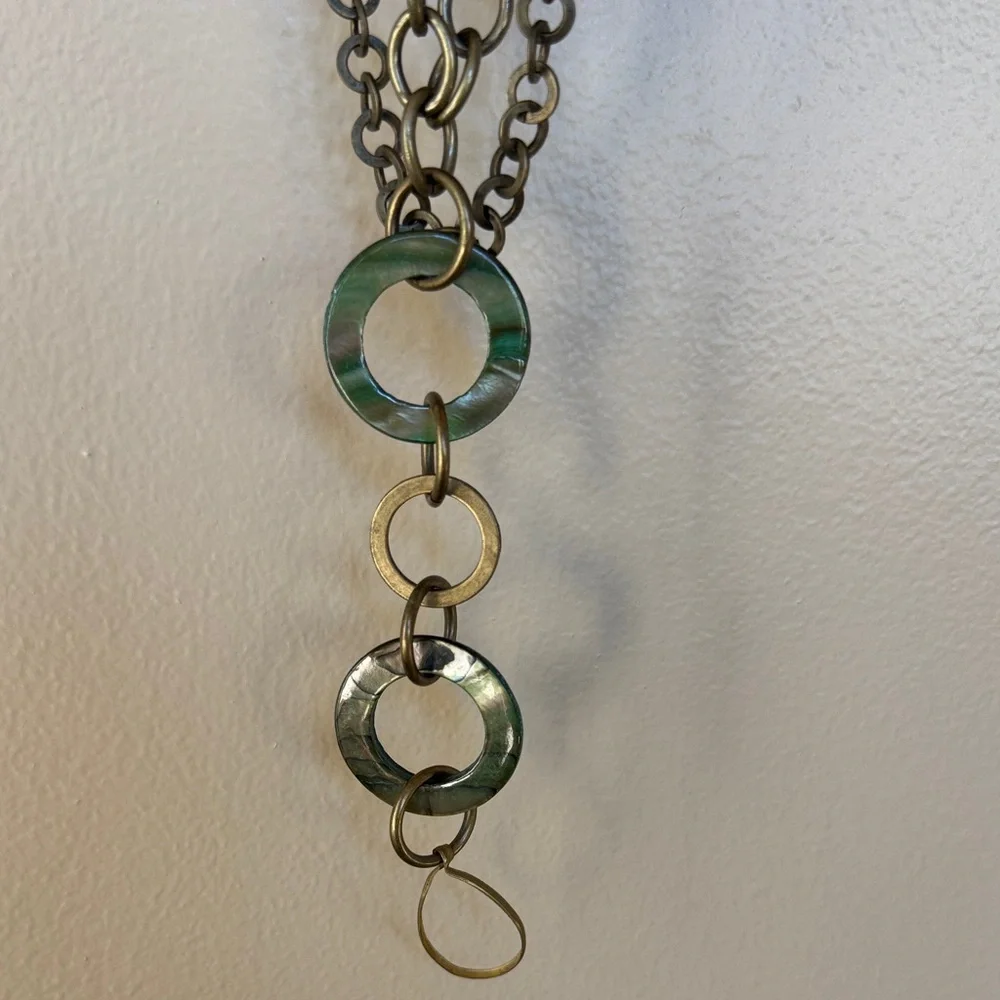 Long Layered Green Bead and Chain Necklace